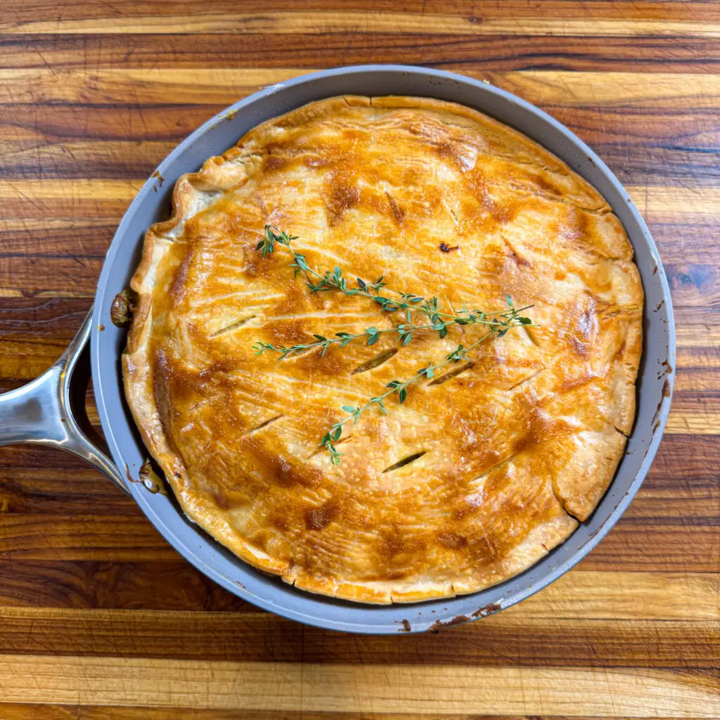 One-pan leftover turke pot pie packed with tender veggies, rich broth, and a flaky crust.