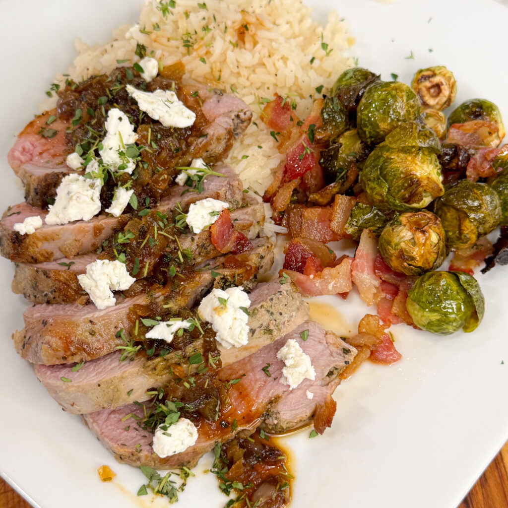 juicy, perfectly cooked pork paired with crispy brussel sprouts and a sweet, tangy sauce that ties it all together. Plus, it’s packed with 50g of protein to keep you fueled and satisfied